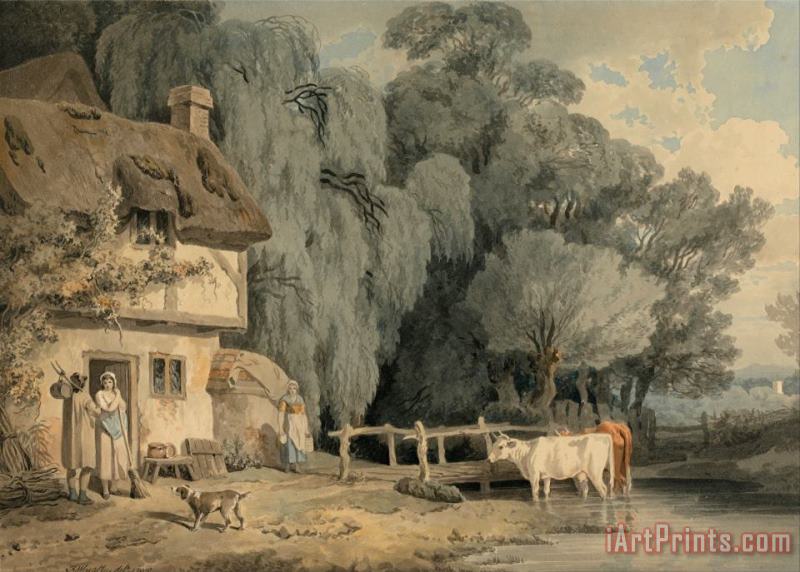 Francis Wheatley Country Scene Figures by a Cottage Door And Cattle in a Stream Art Print