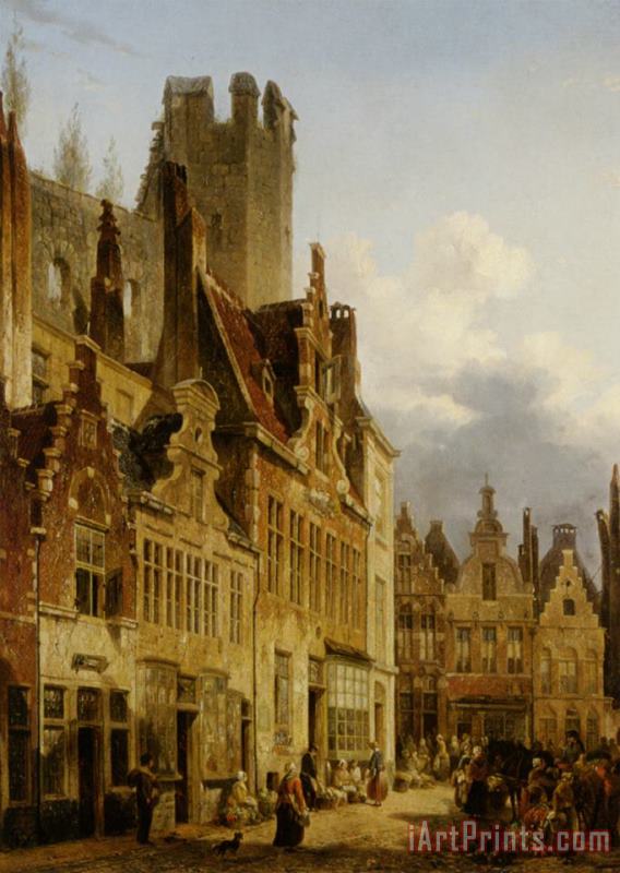 A Busy Market Scene in The Streets of Ghent painting - Francois-jean-louis Boulanger A Busy Market Scene in The Streets of Ghent Art Print