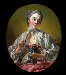Francois Boucher A Young Lady Holding a Pug Dog