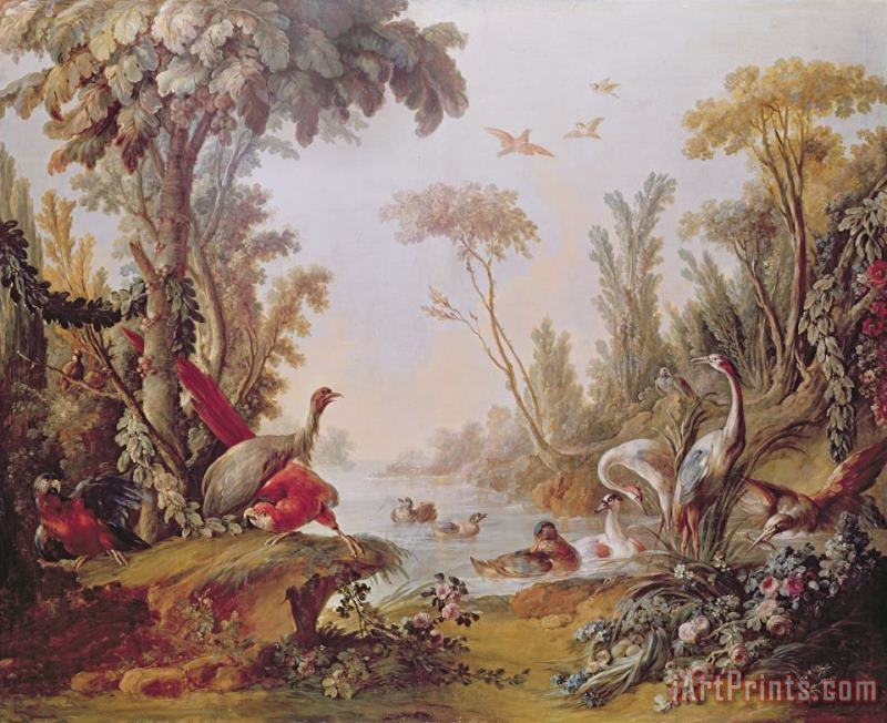 Lake with geese storks parrots and herons painting - Francois Boucher Lake with geese storks parrots and herons Art Print