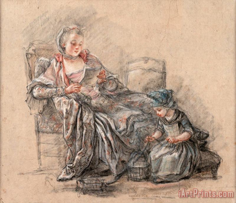 Francois Guerin Woman Reading And a Girl Playing (presumably The Marquise De Pompadour with Her Daughter Alexandrine), 1748 Art Painting