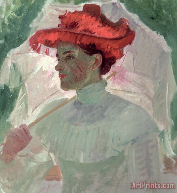 Frank Duveneck Woman with Red Hat and Parasol Art Painting