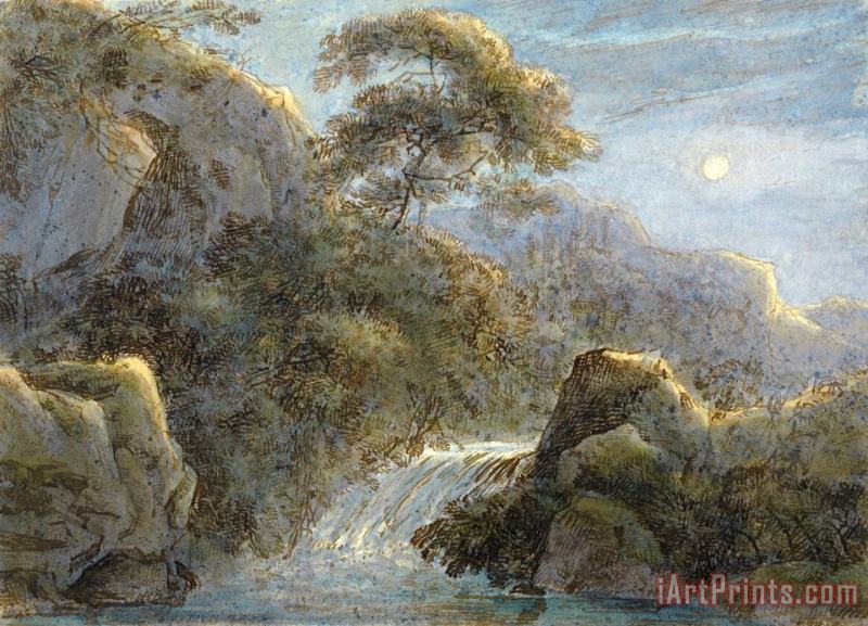 Waterfall in The Mountains by Moonlight painting - Franz Innocenz Kobell Waterfall in The Mountains by Moonlight Art Print