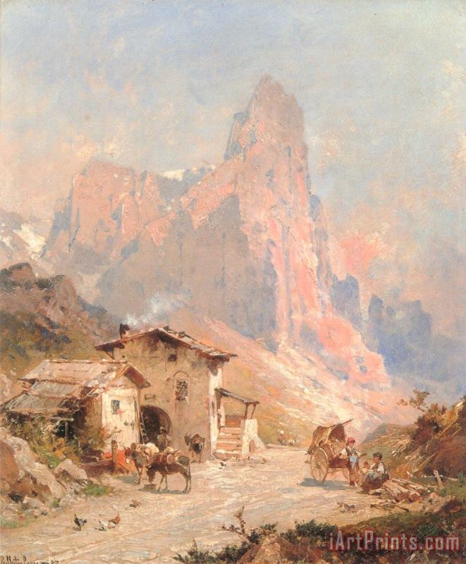 Franz Richard Unterberger Figures in a Village in The Dolomites Art Painting