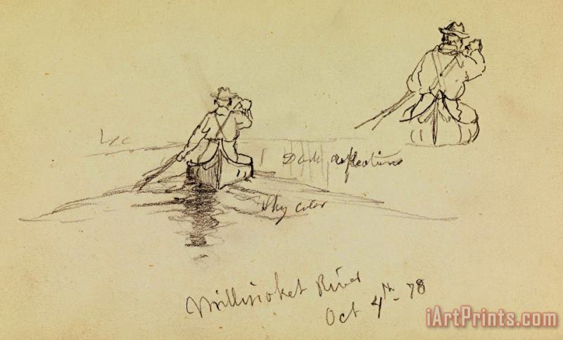 Frederic Edwin Church Studies of Man Paddling Canoe on Millinocket River Art Painting