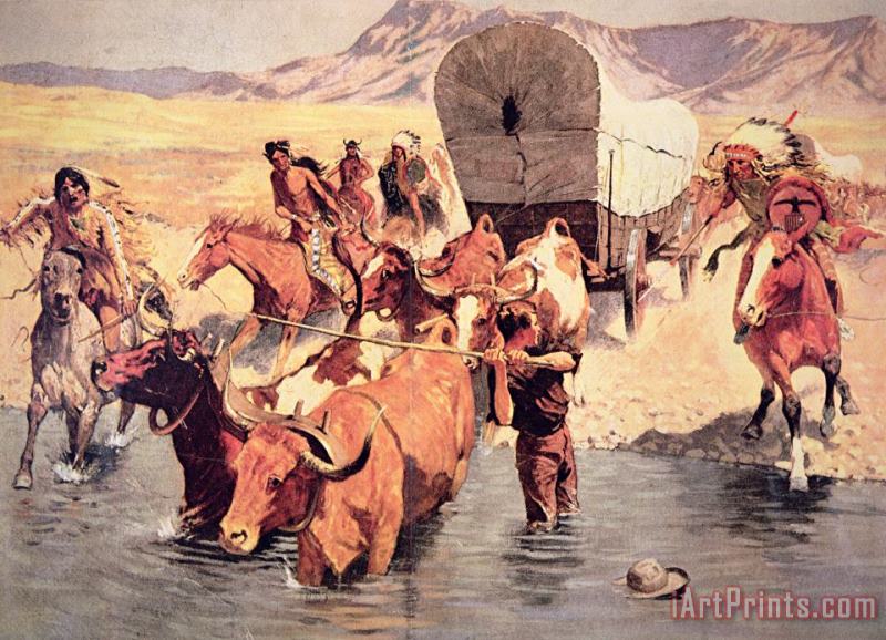 Indians attacking a pioneer wagon train painting - Frederic Remington Indians attacking a pioneer wagon train Art Print