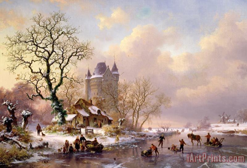 Frederick Marianus Kruseman Winter Landscape with Castle Art Painting