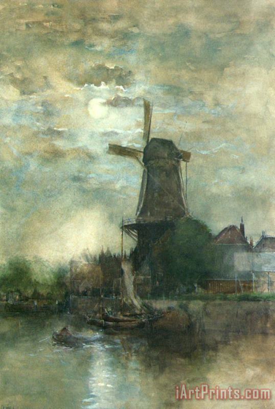 Fredericus Jacobus Van Rossum Chattel A Moonlit Windmill Art Print