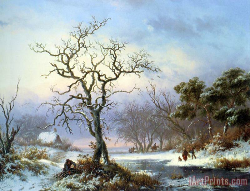 Frederik Marianus Kruseman Faggot Gatherers in a Winter Landscape Art Painting