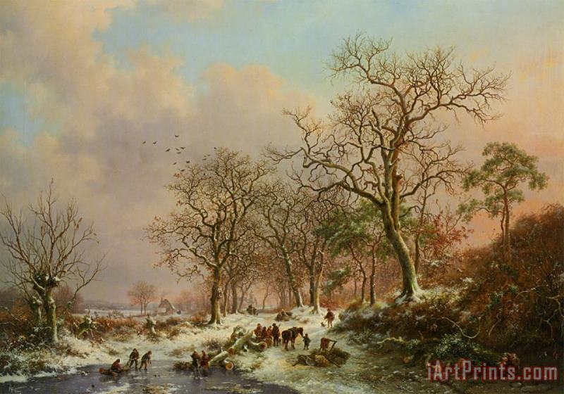 Frederik Marianus Kruseman Wood Gatherers in a Winter Landscape with a Castle Beyond Art Painting