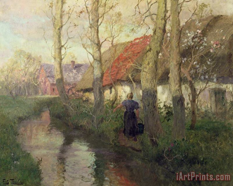 A French River Landscape With A Woman By Cottages painting - Fritz Thaulow A French River Landscape With A Woman By Cottages Art Print