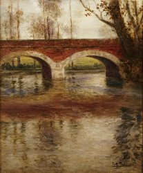 Fritz Thaulow A River Landscape with a Bridge painting