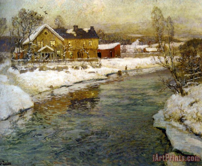 Fritz Thaulow Cottage by a Canal in The Snow Art Print