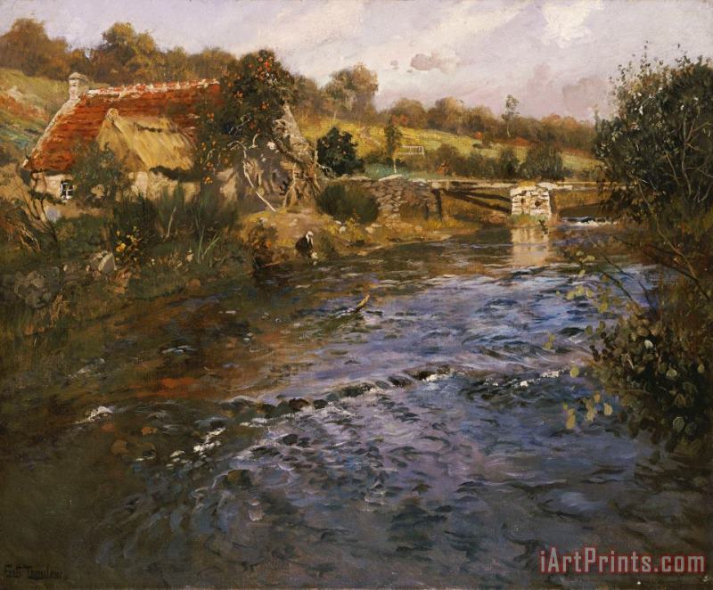River Landscape with a Washerwoman painting - Fritz Thaulow River Landscape with a Washerwoman Art Print
