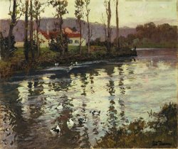 Fritz Thaulow River Landscape with Ducks painting