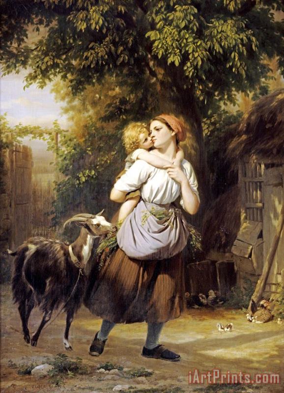 Fritz Zuber-Buhler A Mother And Child with a Goat on a Path Art Painting