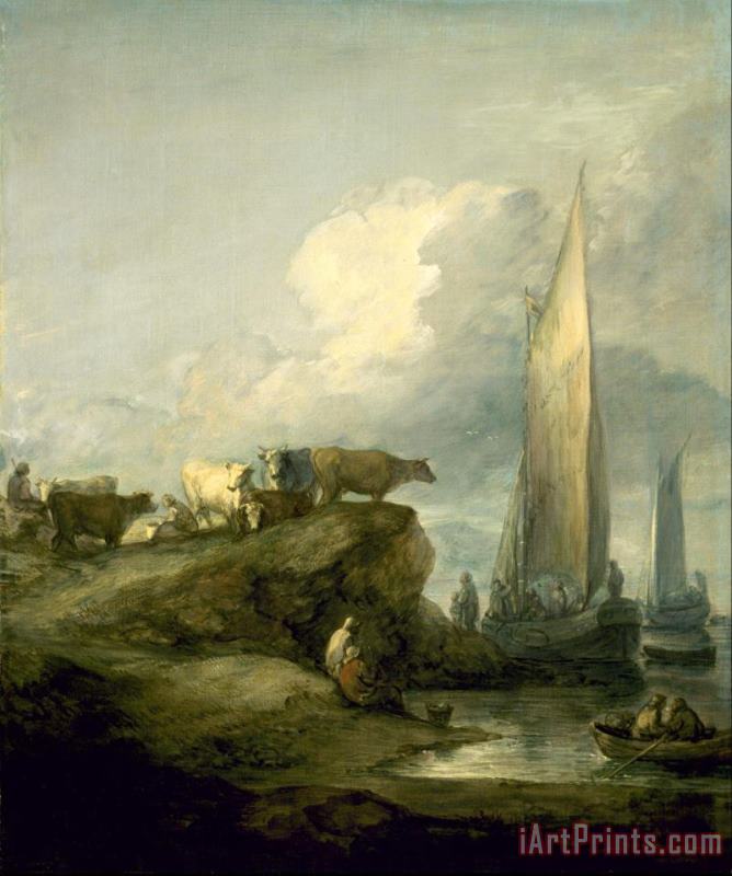 Coastal Scene with Shipping And Cattle painting - Gainsborough, Thomas Coastal Scene with Shipping And Cattle Art Print