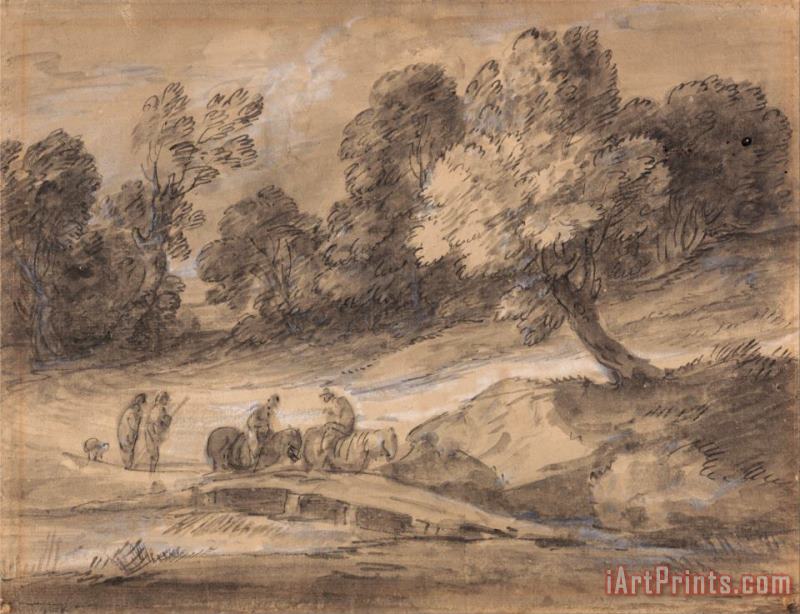 Gainsborough, Thomas Wooded Landscape with Figures on Horseback Crossing a Bridge Art Print