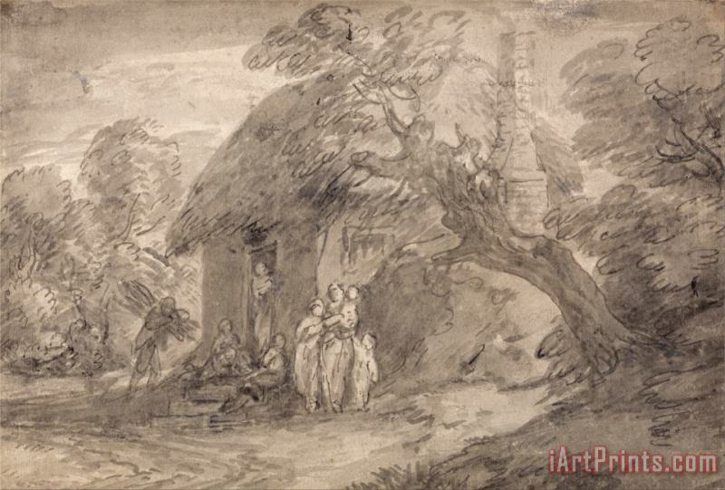 Gainsborough, Thomas Wooded Landscape with Figures Outside a Cottage Door Art Painting