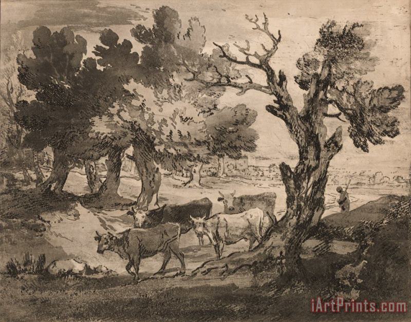 Wooded Landscape with Herdsman And Cows painting - Gainsborough, Thomas Wooded Landscape with Herdsman And Cows Art Print