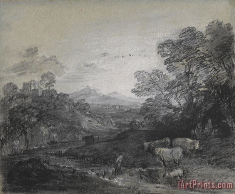 Wooded Landscape with Herdsmen And Cattle, Buildings on a Hill, And Rustic Lovers painting - Gainsborough, Thomas Wooded Landscape with Herdsmen And Cattle, Buildings on a Hill, And Rustic Lovers Art Print