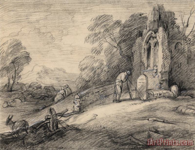Wooded Landscape with Peasant Reading an Inscription on a Tombstone Beside a Ruined Church, Figures,... painting - Gainsborough, Thomas Wooded Landscape with Peasant Reading an Inscription on a Tombstone Beside a Ruined Church, Figures,... Art Print