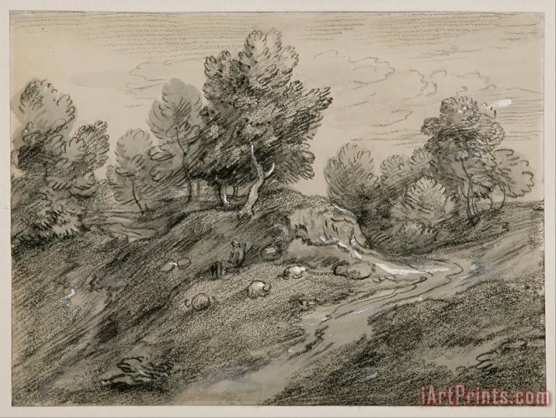 Wooded Upland Landscape with Shepherd And Sheep And Country Track Winding Around a Knoll painting - Gainsborough, Thomas Wooded Upland Landscape with Shepherd And Sheep And Country Track Winding Around a Knoll Art Print