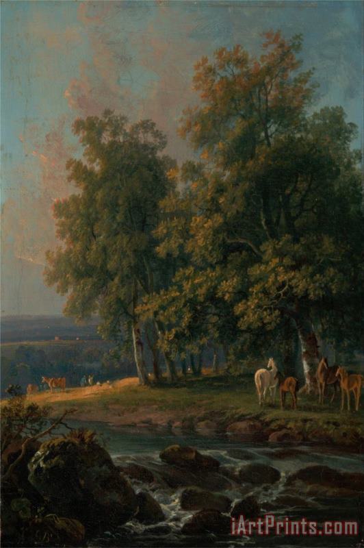 George Barret Horses And Cattle by a River Art Print