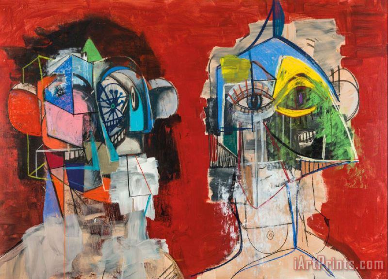 Double Heads on Red George Condo painting - George Condo Double Heads on Red George Condo Art Print