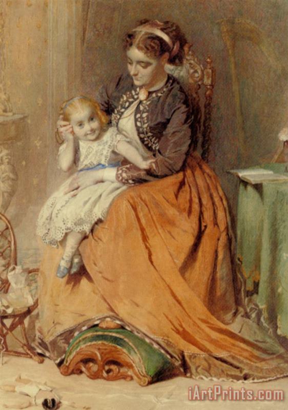 George Elgar Hicks A Girl Listening to The Ticking of a Pocket Watch While Sitting on Her Mothers Lap Art Painting