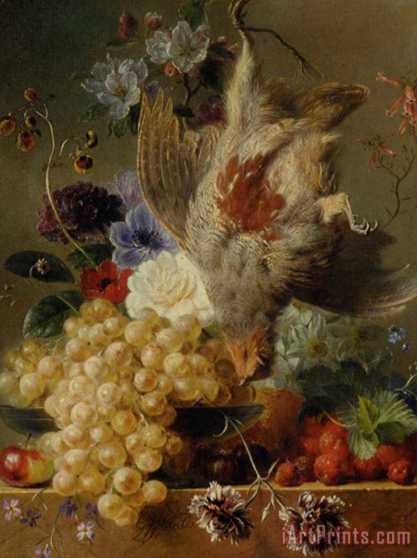 George Jacobus Johannes Van Os Grapes Strawberries Chestnuts an Apple And Spring Flowers Art Painting