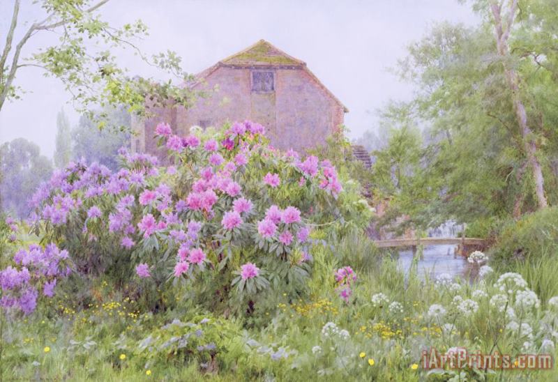 George Marks Rhododendrons by a watermill Art Print