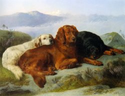 George W. Horlor A Golden Retriever, Irish Setter, And a Gordon Setter in a Mountainous Landscape