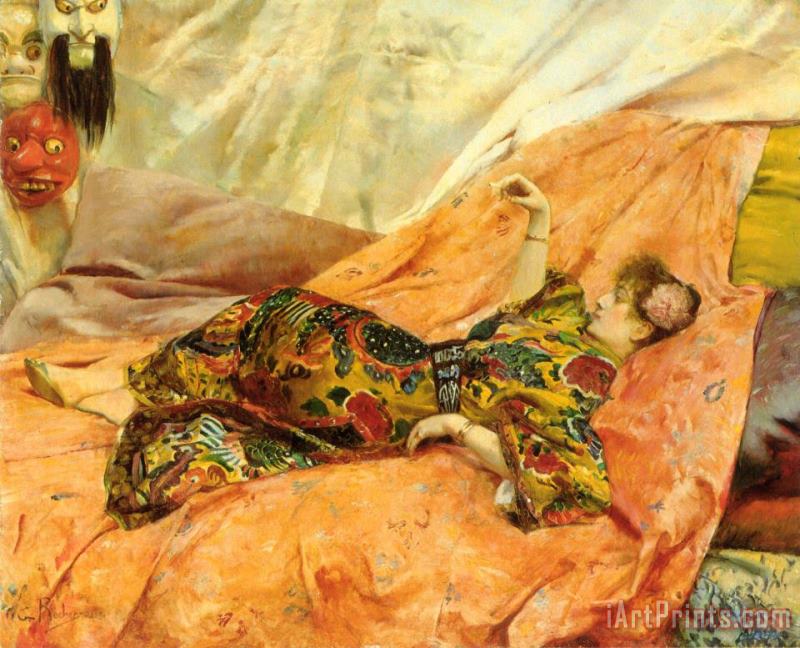 Georges Antoine Rochegrosse A Portrait of Sarah Bernhardt, Reclining in a Chinois Interior Art Painting