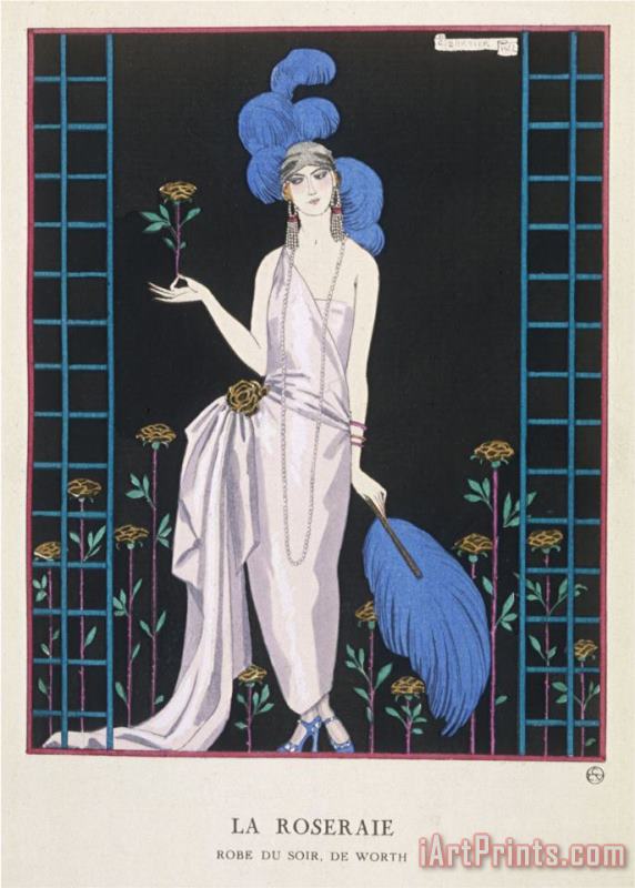 Asymmetrical Evening Gown by Worth with a Low Diagonal Waistline And a Long Flowing Train painting - Georges Barbier Asymmetrical Evening Gown by Worth with a Low Diagonal Waistline And a Long Flowing Train Art Print