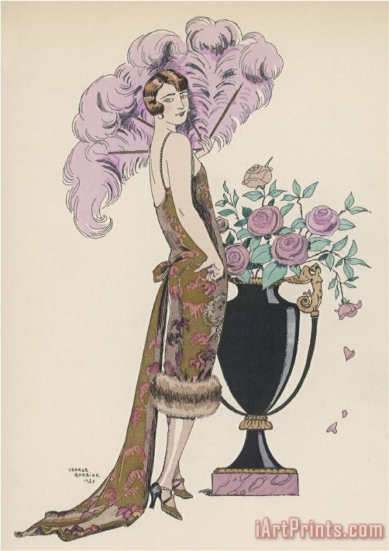 Georges Barbier Frock Fur And Feather Fan Art Painting