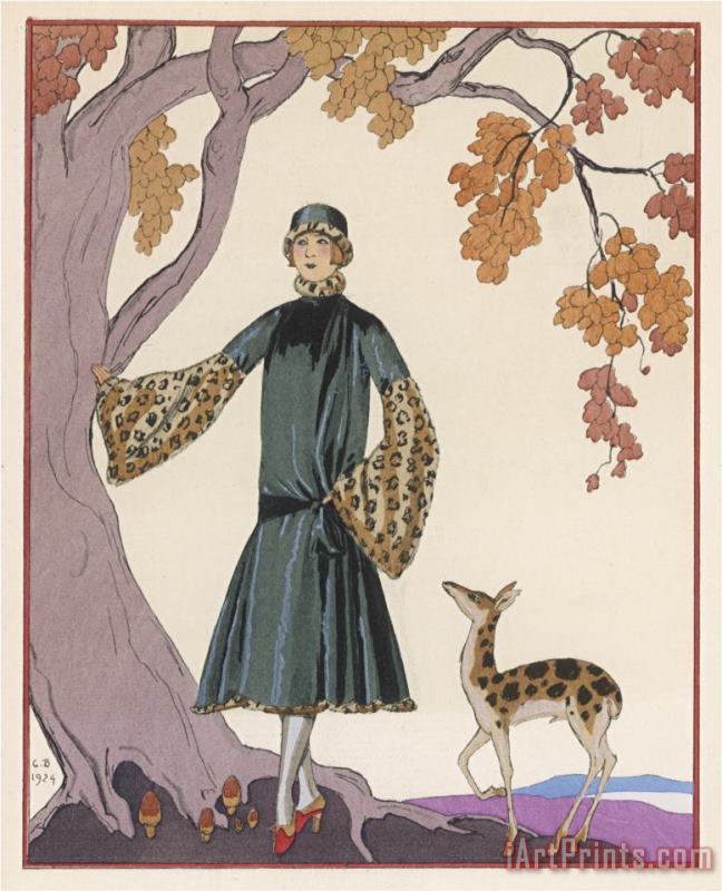 Georges Barbier Fur Hat And Coat by Worth Art Painting