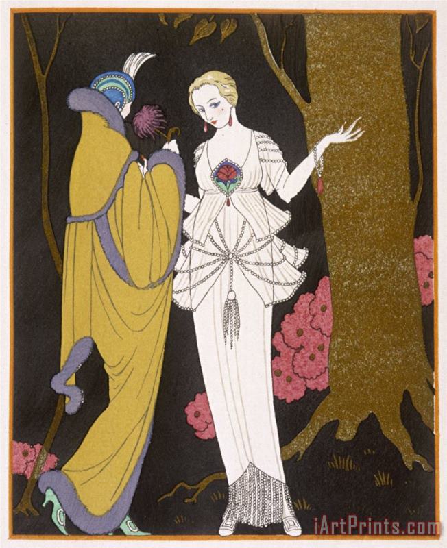 Georges Barbier Mantle with a Yoke Voluminous Sleeves And Fur Trim And Close Fitting Hat with Aigrette Art Print