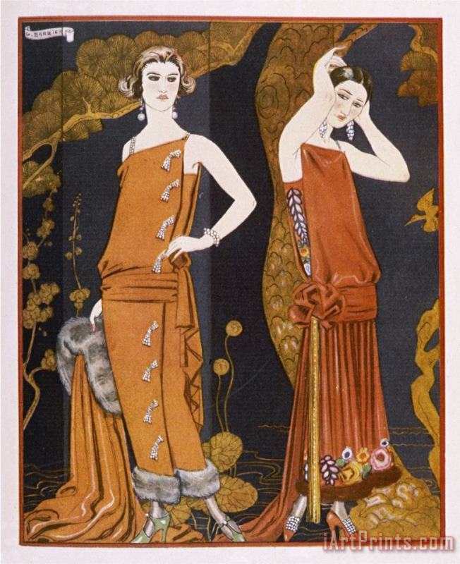 Orientally Inspired Gowns by Worth in Lacquer Reds painting - Georges Barbier Orientally Inspired Gowns by Worth in Lacquer Reds Art Print