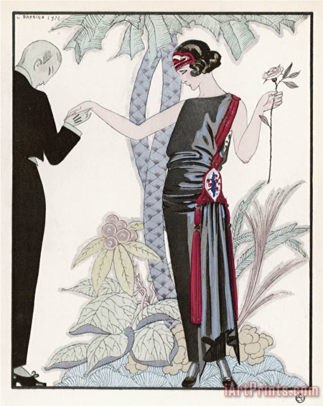 Georges Barbier Sleeveless Slash Neck Chinese Or Orientally Inspired Black Dress by Worth with Red Tassel Detail Art Painting