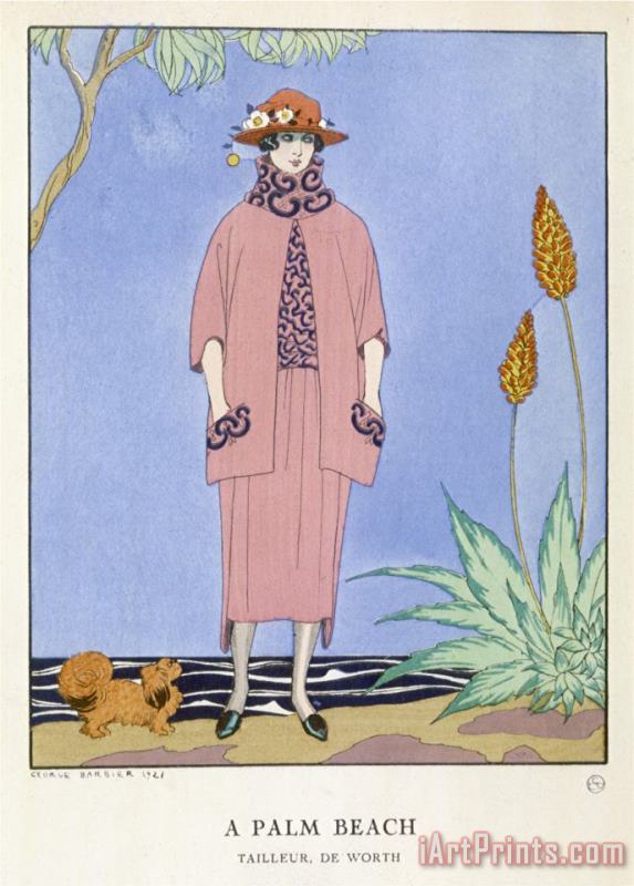 Tailored Suit by Worth in Salmon Pink And Black painting - Georges Barbier Tailored Suit by Worth in Salmon Pink And Black Art Print
