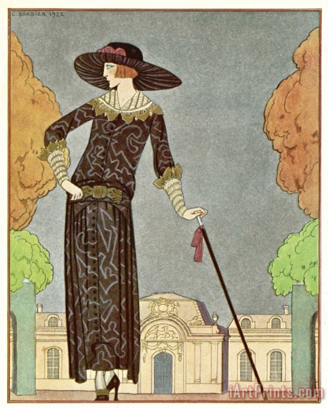 Georges Barbier Two Piece Barrel Line Dress by Beer with Button Front Deep Cuffs En Bouffants Vandyked Collar Art Print