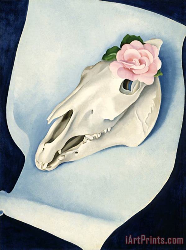Horse's Skull with Pink Rose painting - Georgia O'keeffe Horse's Skull with Pink Rose Art Print