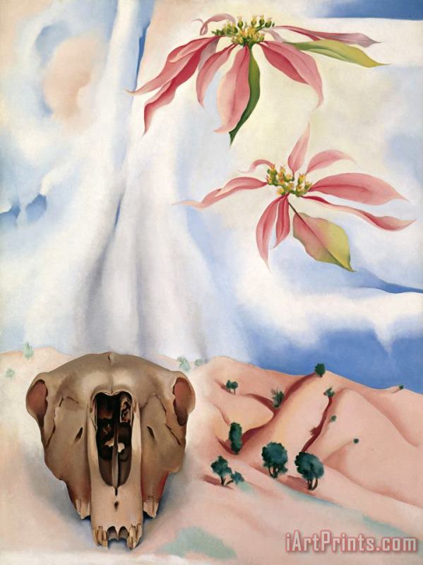 Georgia O'keeffe Mule's Skull with Pink Poinsettias Art Painting