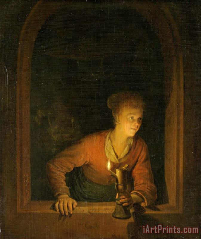 Girl with an Oil Lamp at a Window painting - Gerard Dou Girl with an Oil Lamp at a Window Art Print