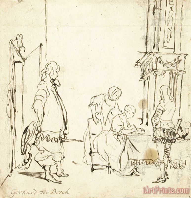 Gerard ter Borch Interieur Met Een Briefschrijvende Vrouw, Een Wachtende Man En Twee Toeschouwers Art Print