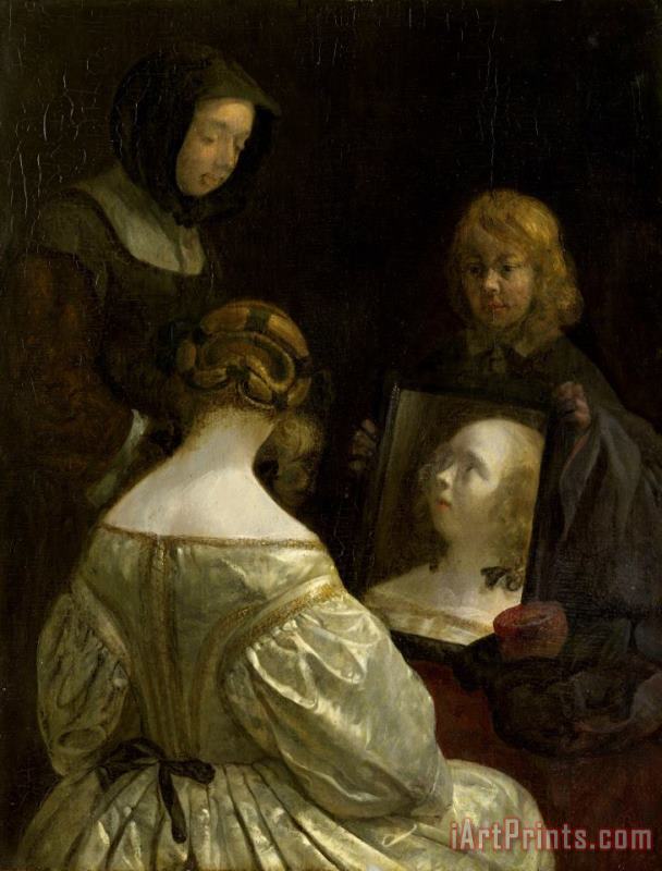 Woman at a Mirror painting - Gerard ter Borch Woman at a Mirror Art Print