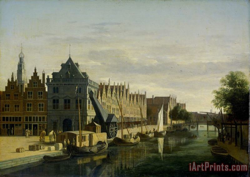 De Waag (weighing House) And Crane on The Spaarne, Haarlem painting - Gerrit Adriaensz. Berckheyde De Waag (weighing House) And Crane on The Spaarne, Haarlem Art Print