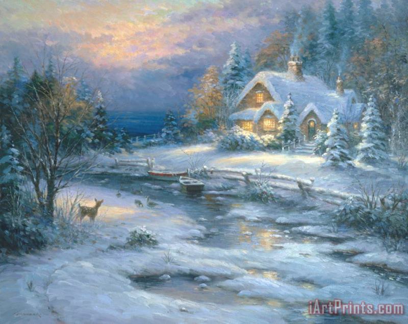 Winter Cottage painting - Ghambaro Winter Cottage Art Print