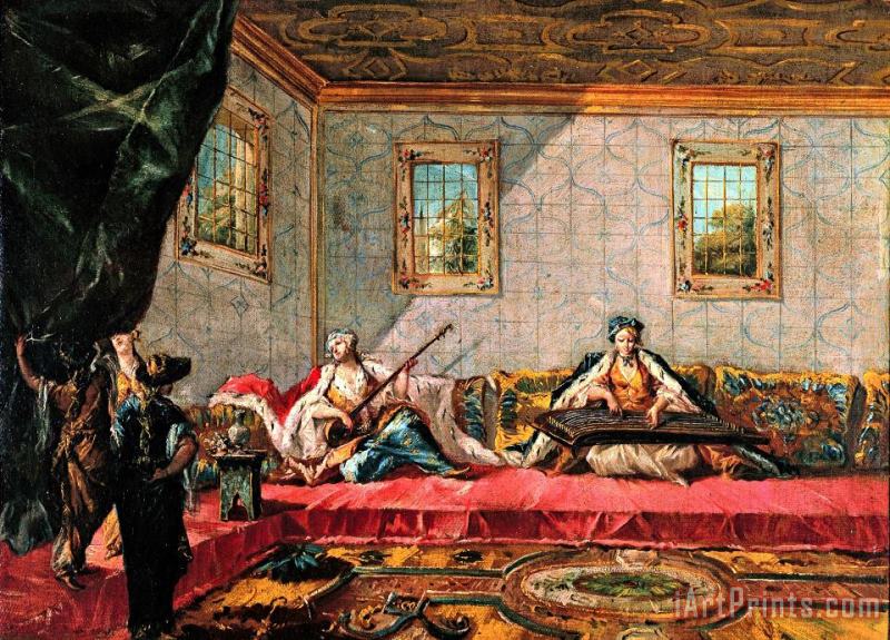 Two Odalisques Playing Music in The Harem painting - Giovanni Antonio Guardi; Francesco Guardi Two Odalisques Playing Music in The Harem Art Print